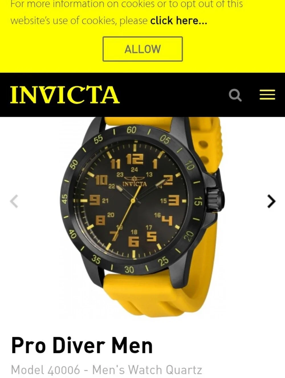 Invicta Bright Yellow Silicone Strap Watch with Black Buckle